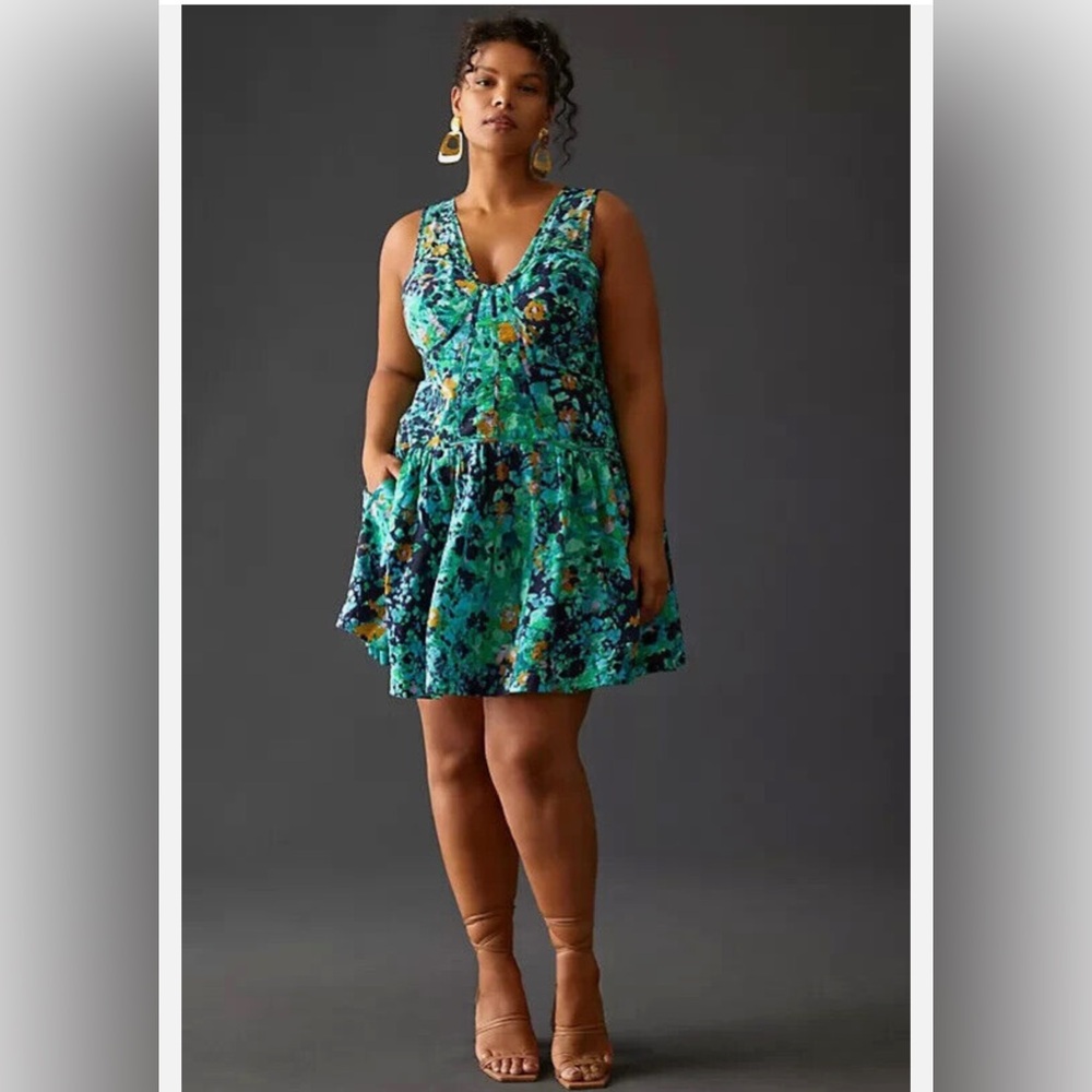 Anthropologie Green Teal Floral Sleeveless Mini Dress